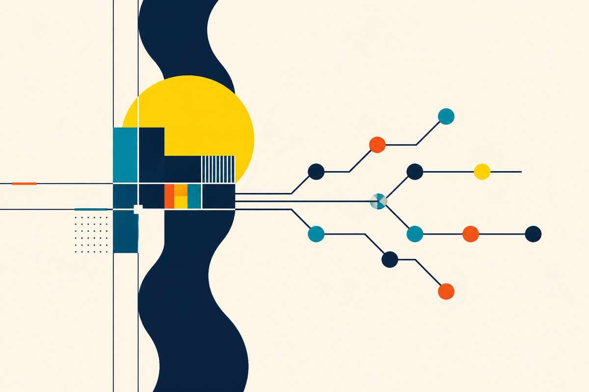 Abstract Swiss-style illustration of a river, a rising horizon and a branching regional network
