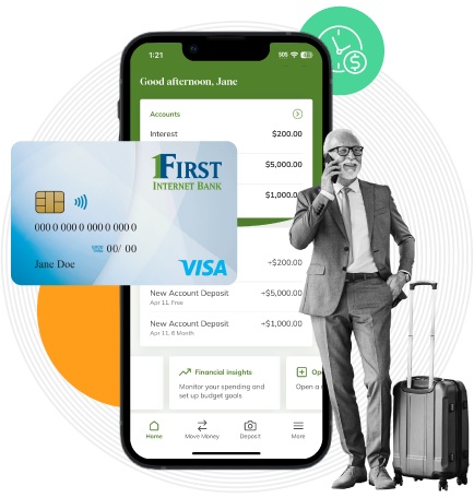 First Internet Bank marketing composite showing a customer, mobile banking screen and debit card