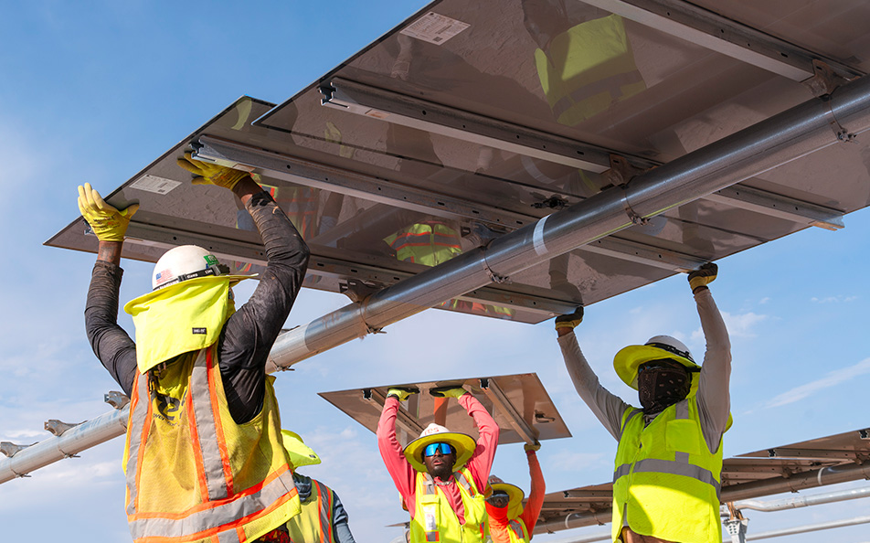 Close view of the steel backrail on a First Solar Series 7 module