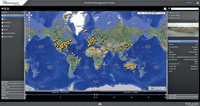 Archived Fischer CREDashboard showing a world map and property information