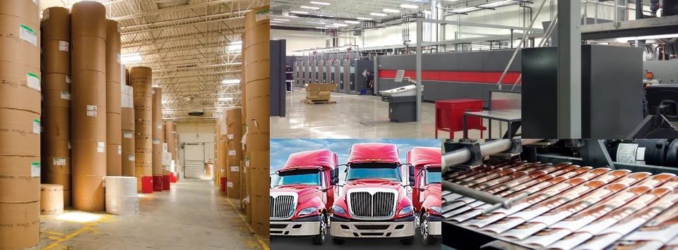 Fisher collage showing printing equipment, warehouse operations, and delivery trucks