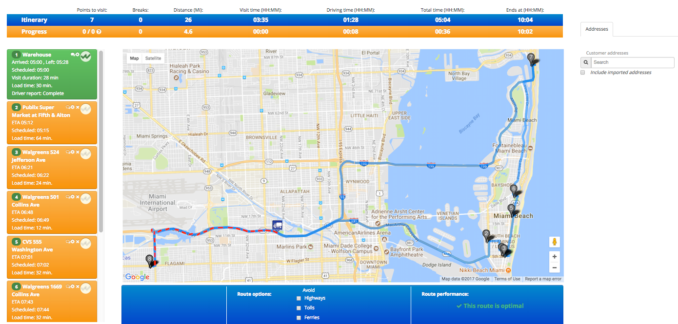 Fitter published route details interface with delivery checkpoints
