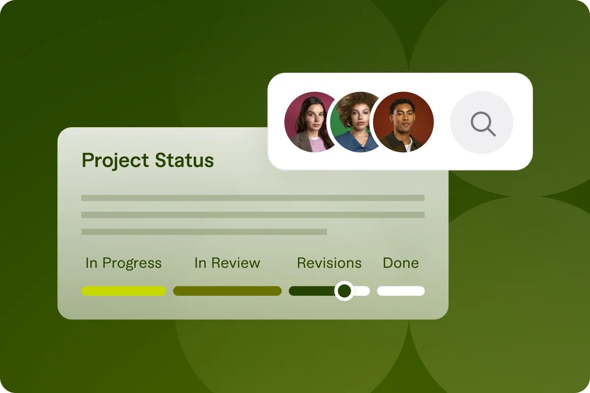 Fiverr project status interface illustration with stages from in progress to done