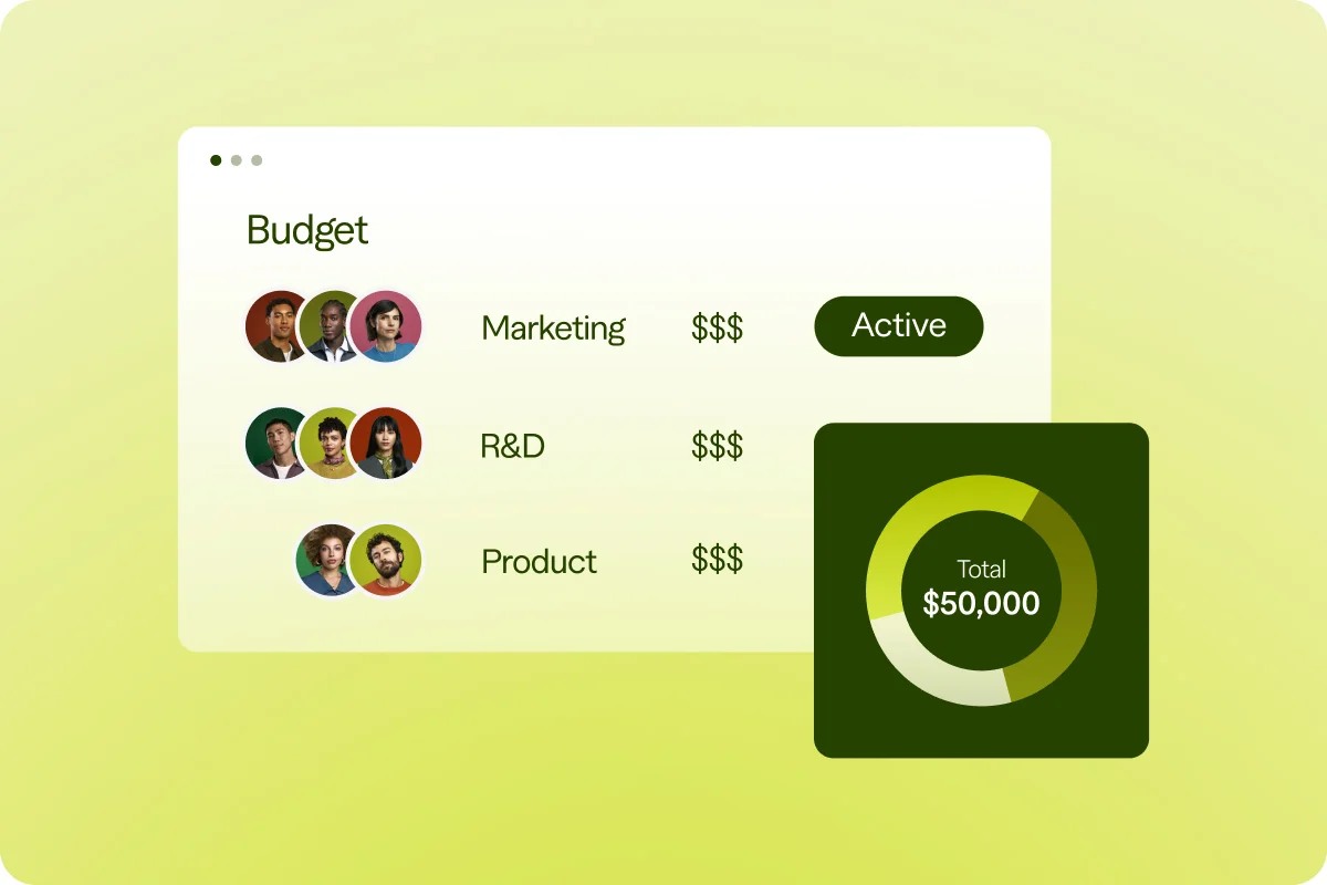 Fiverr Enterprise budget interface illustration showing teams and a total budget