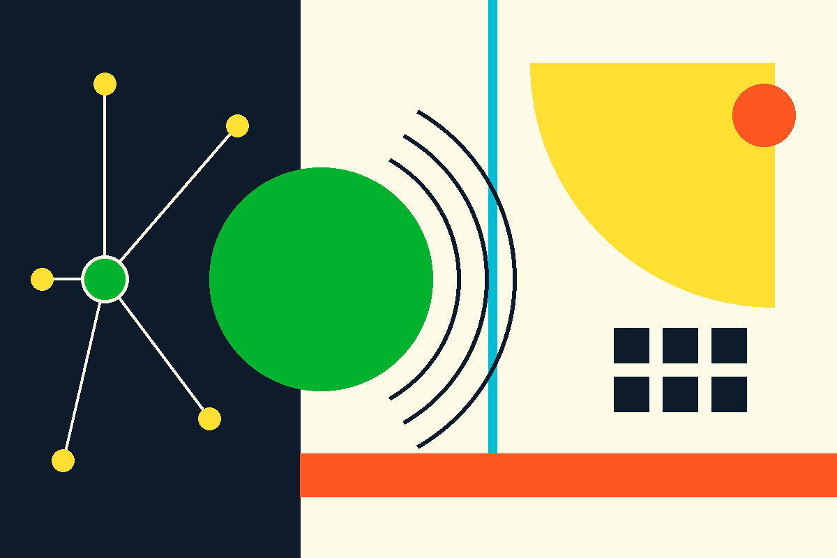 Swiss-style geometric graphic of a network hub connected to nodes, concentric AI signal rings, and a grid of squares