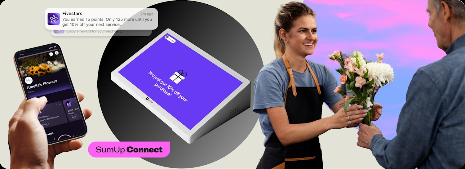 SumUp Connect montage showing the rewards app, customer terminal and a florist serving a customer
