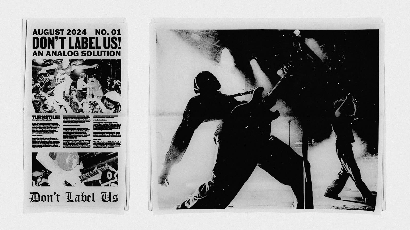 Anotherland newspaper-style spread featuring music photography and editorial typography