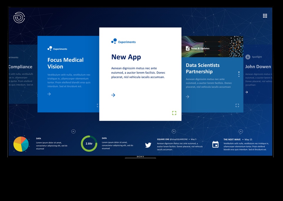 Flagship’s DH&I digital-signage mockup showing interactive content cards on a large display