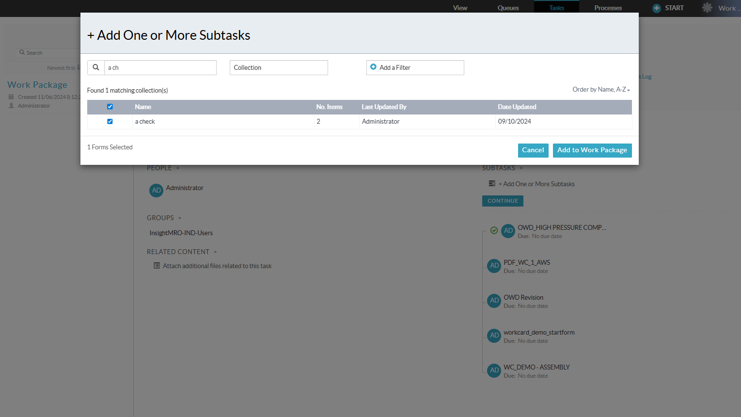 Flatirons demonstration interface adding subtasks to a work package