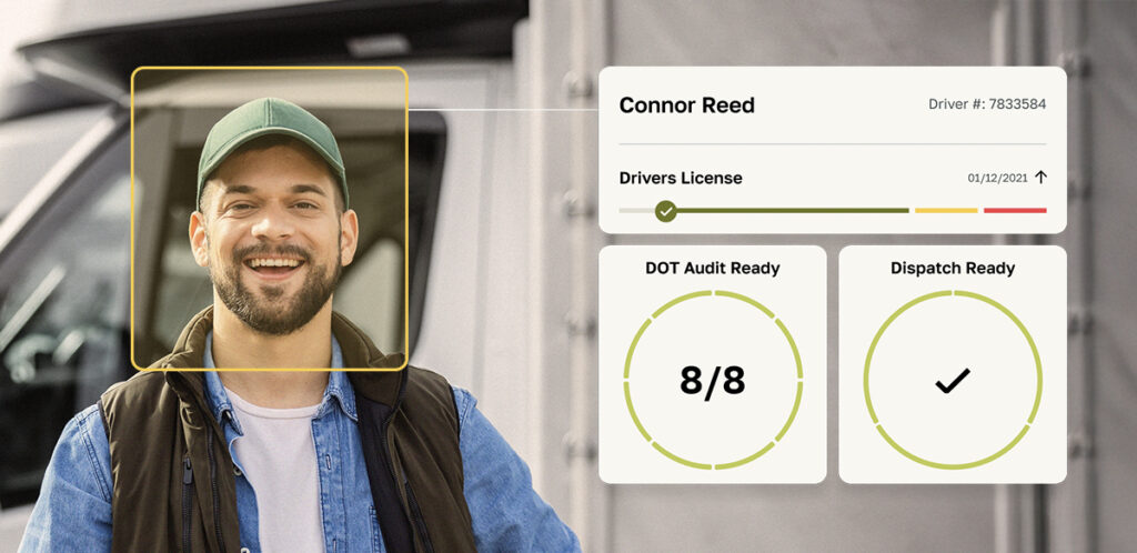Fleetworthy promotional illustration pairing a driver with compliance and dispatch-readiness indicators