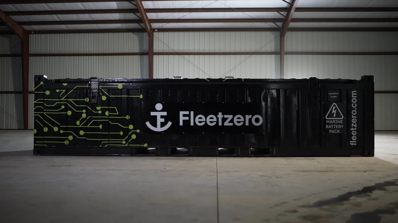Fleetzero containerized battery and propulsion equipment in a workshop
