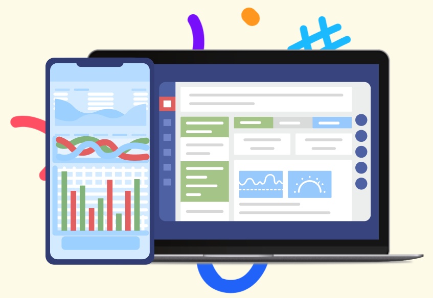 FLEX conceptual illustration of mobile and desktop banking displays