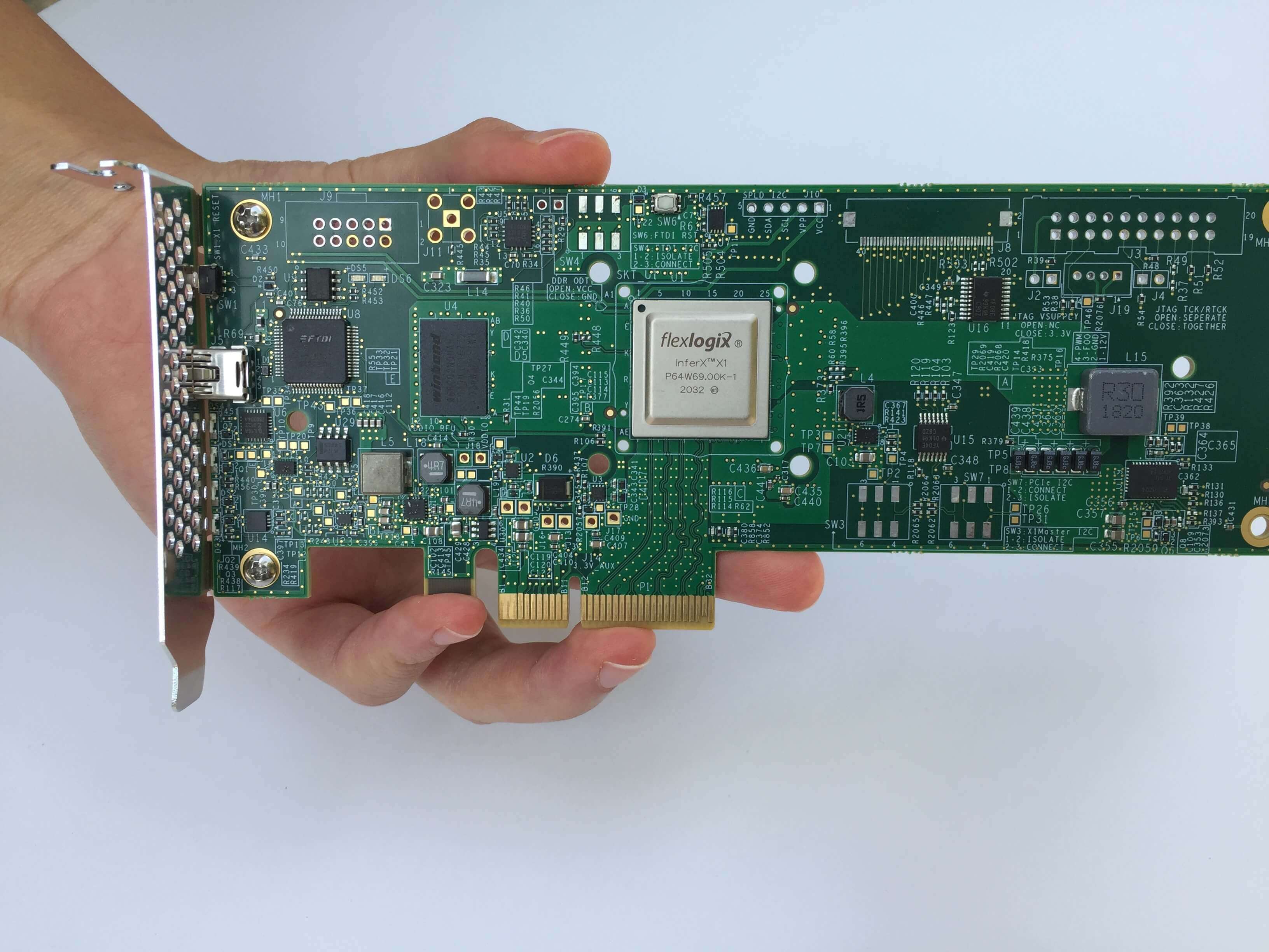 A hand holds a Flex Logix InferX X1 accelerator board