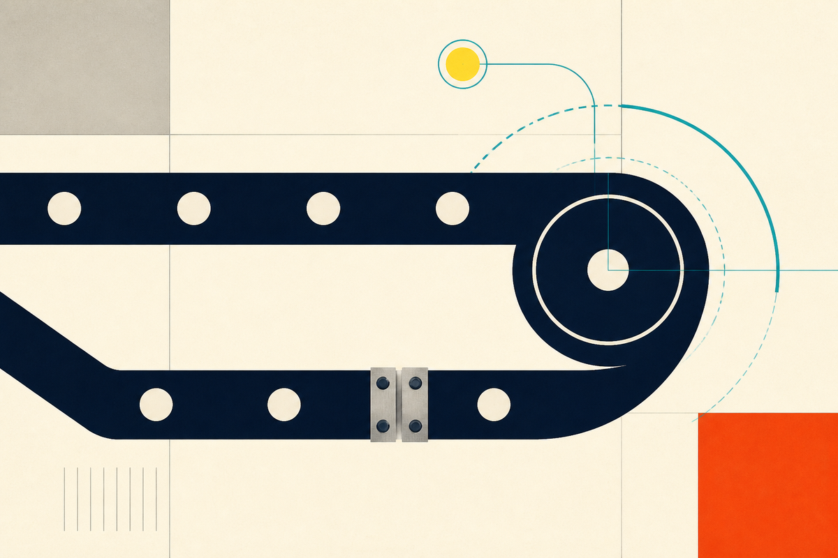 Abstract Swiss-style illustration of a conveyor belt loop, steel fastener and monitoring signal