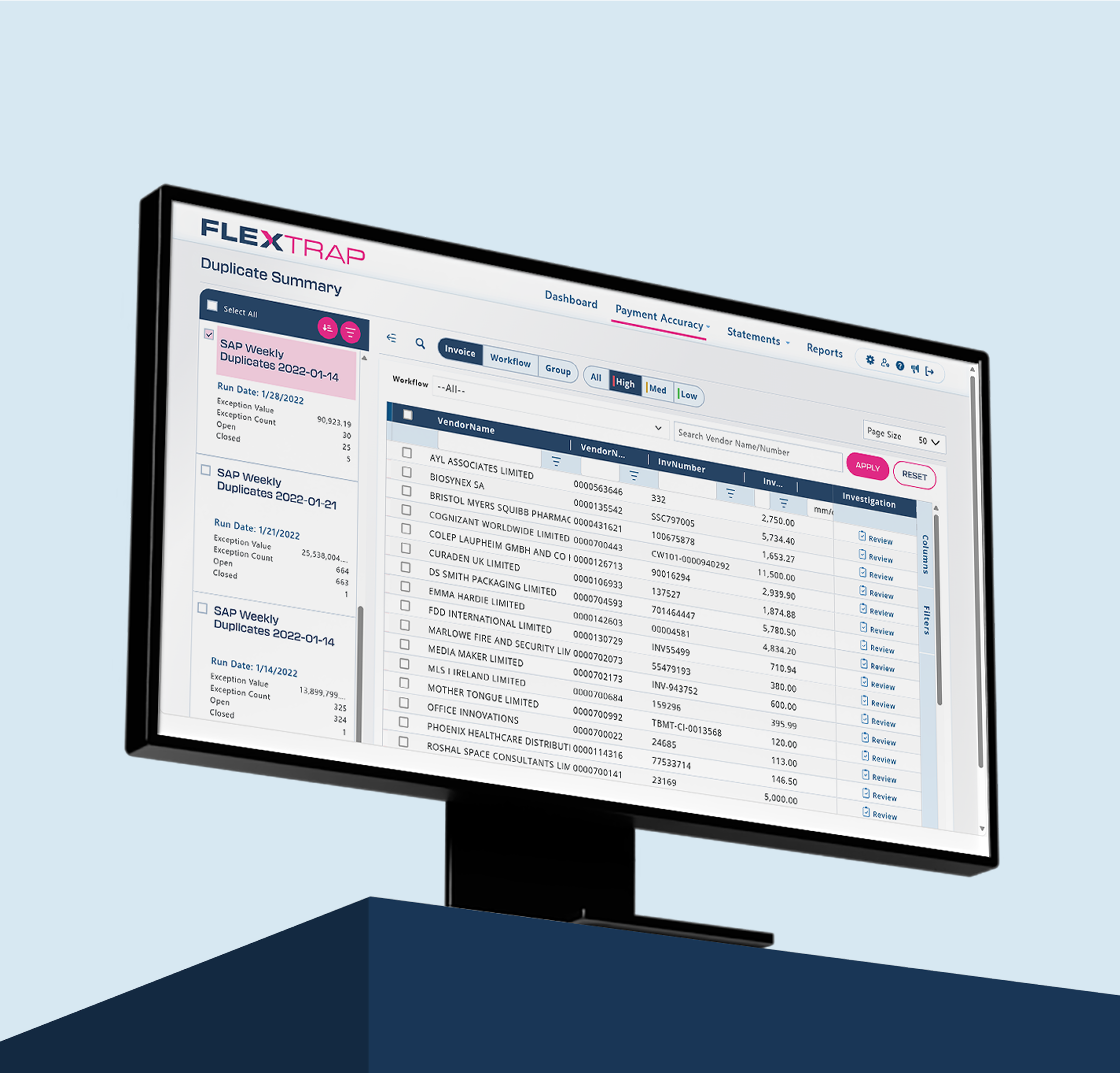 Company-provided FlexTrap payment accuracy software mockup
