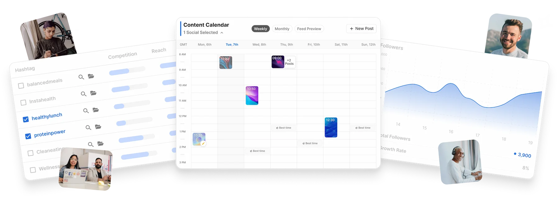 Flick interface montage showing hashtag research, a content calendar, and Instagram analytics
