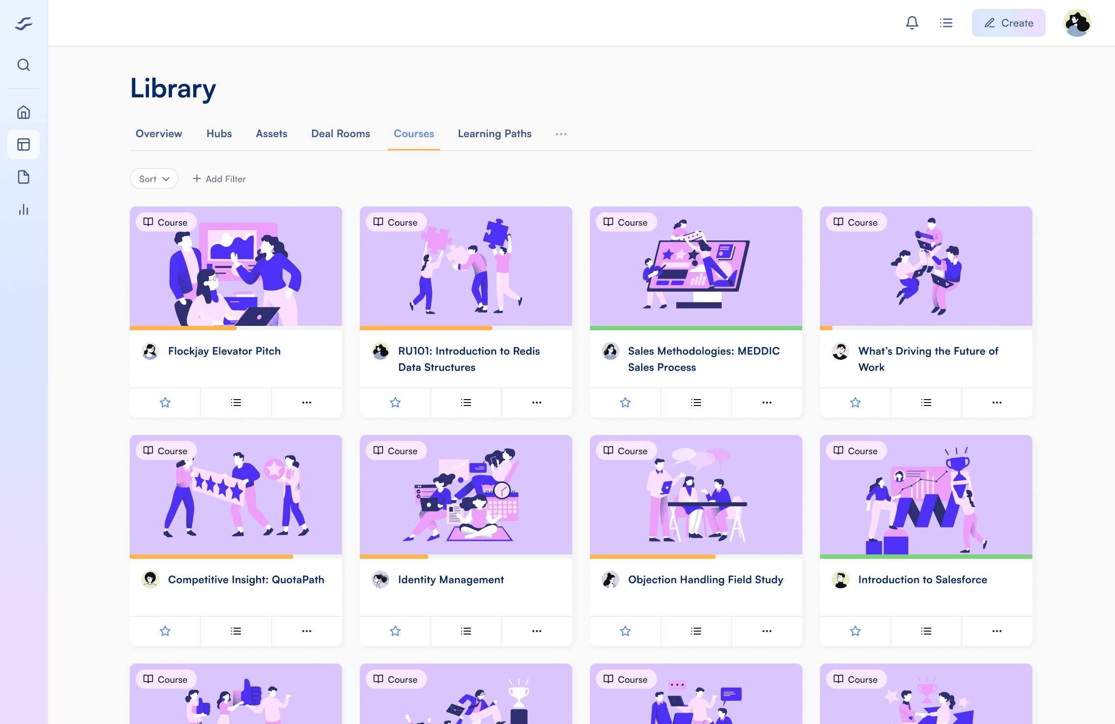 Flockjay library interface showing course cards and tabs for assets, deal rooms, courses, and learning paths