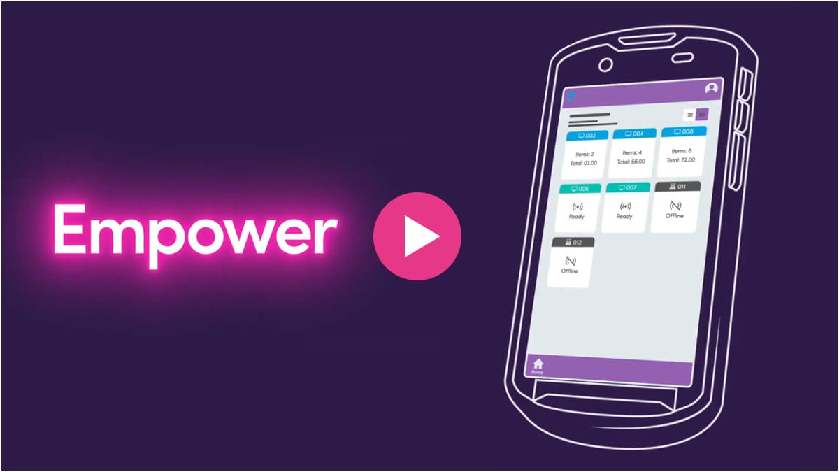 Flooid Empower product artwork showing a handheld screen with the status of multiple checkout lanes.