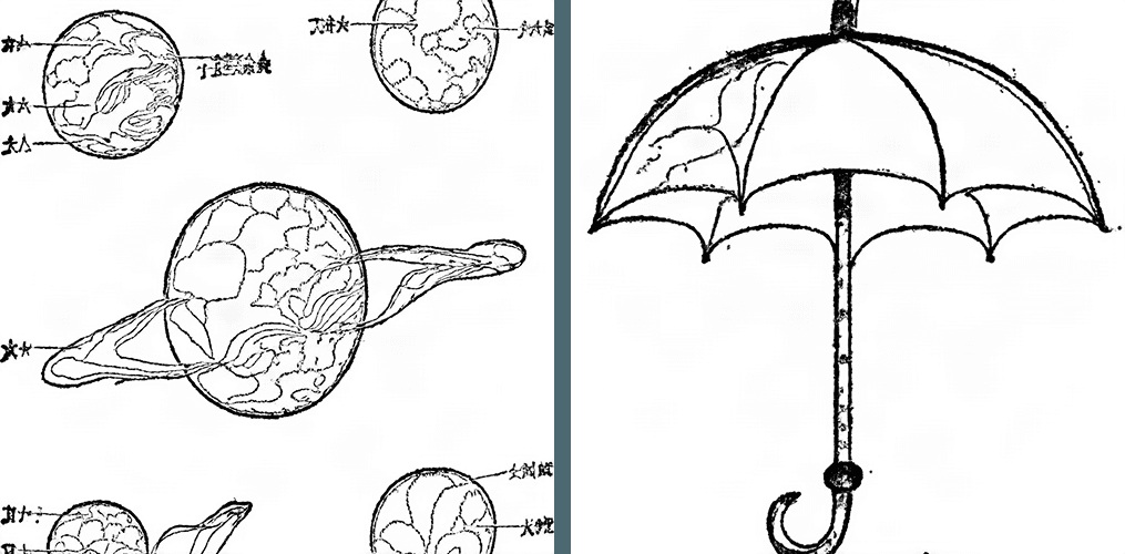AI-generated planet and umbrella drawings using a pen-and-ink style learned from acupuncture diagrams