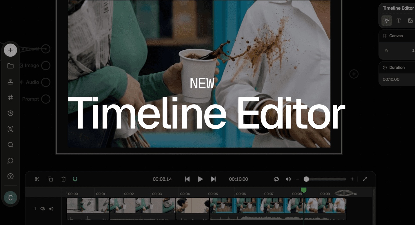 FLORA Timeline Editor launch image showing video clips, an audio track and a preview on the canvas