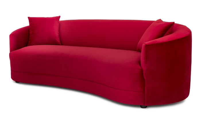 Flores Design curved red upholstered sofa with matching cushions