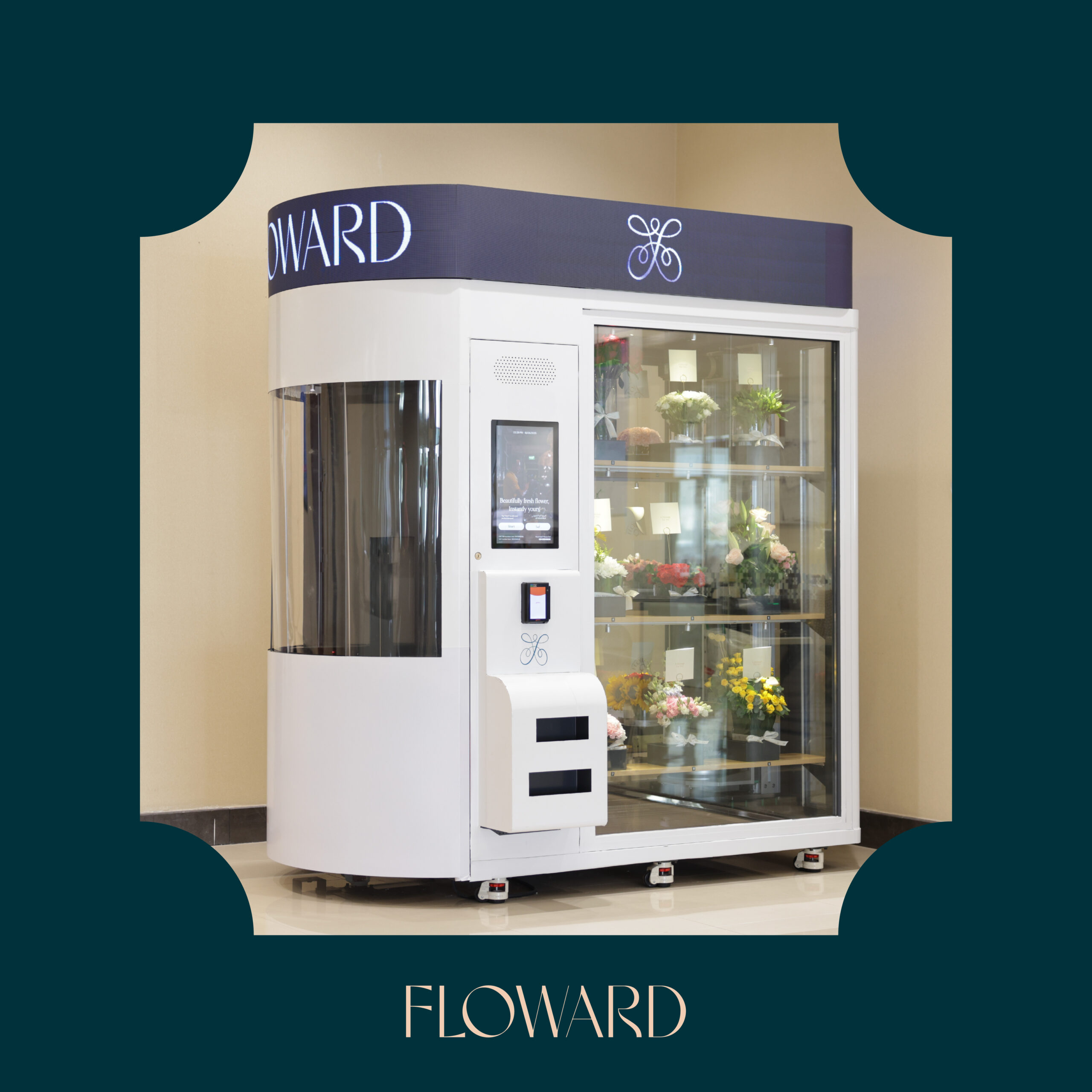 Floward robotic vending machine displaying floral arrangements behind glass