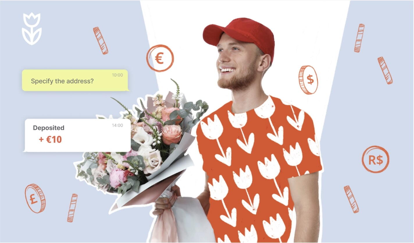 Flowwow promotional image of a man holding a bouquet, with illustrated delivery messages and currencies.