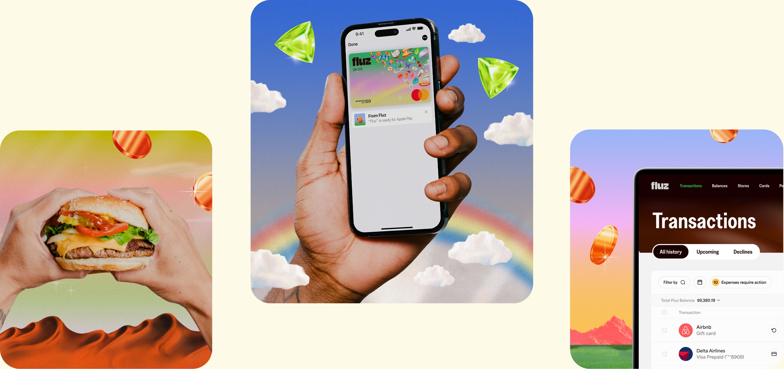 Fluz product illustration showing its virtual cards, gift cards, and payment interfaces