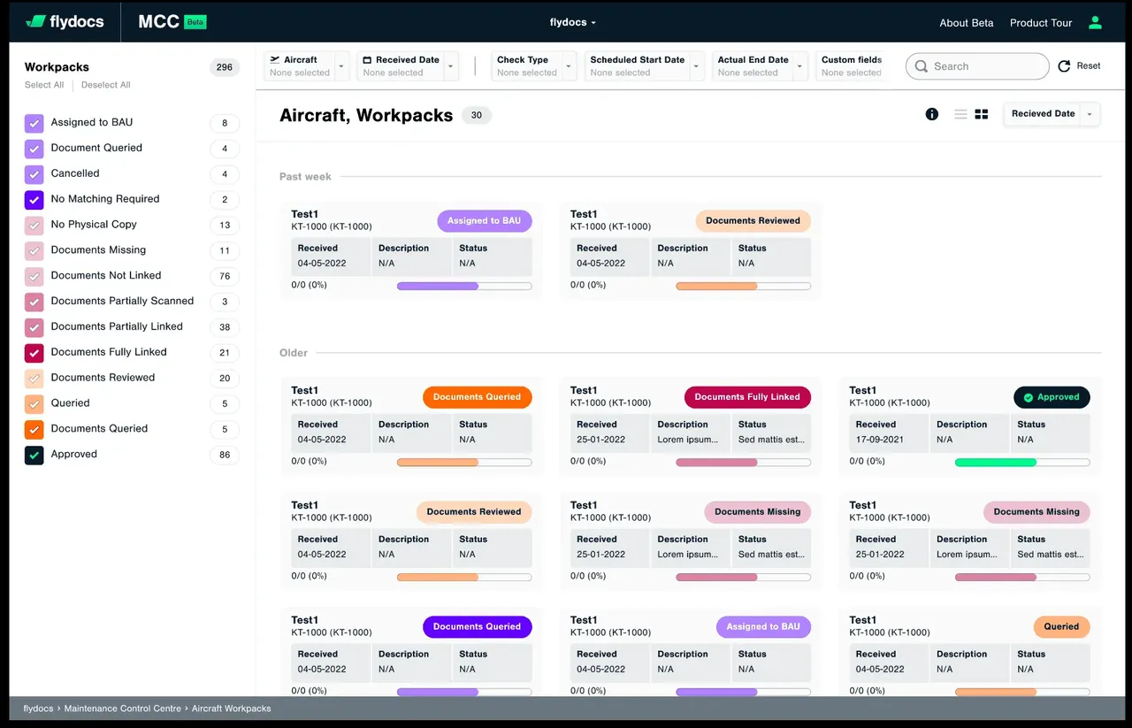 Historical flydocs interface design showing workpack and document management screens