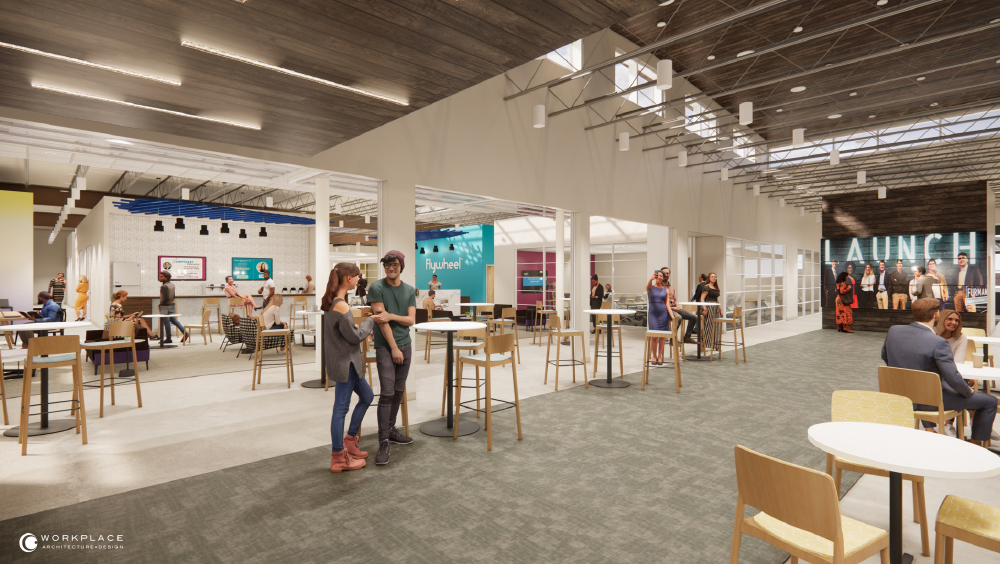 Architectural rendering of Flywheel Greenville’s social commons with shared tables and an event area