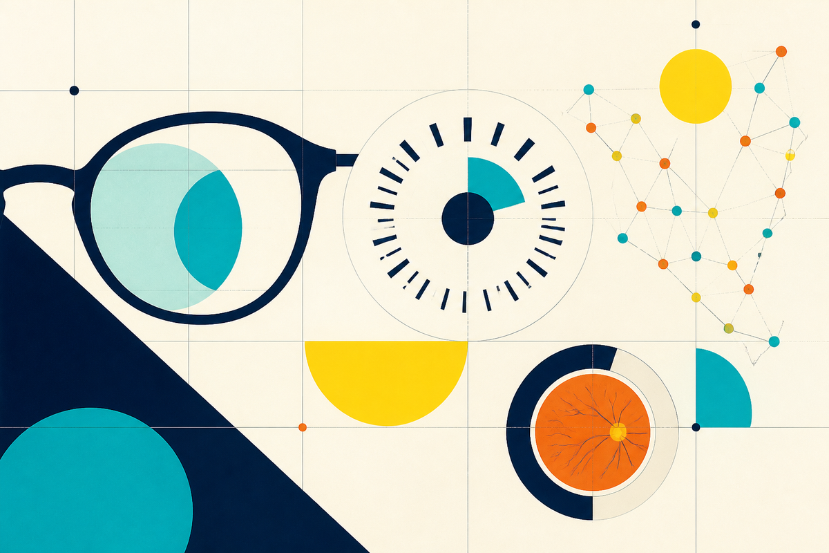 Abstract Swiss-style composition of eyeglass lenses, an eye-testing dial, retinal imagery and a connected retail network