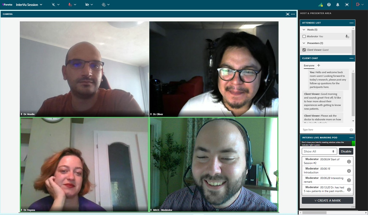 Forsta InterVu demonstration showing four video participants, private client chat and live session markers