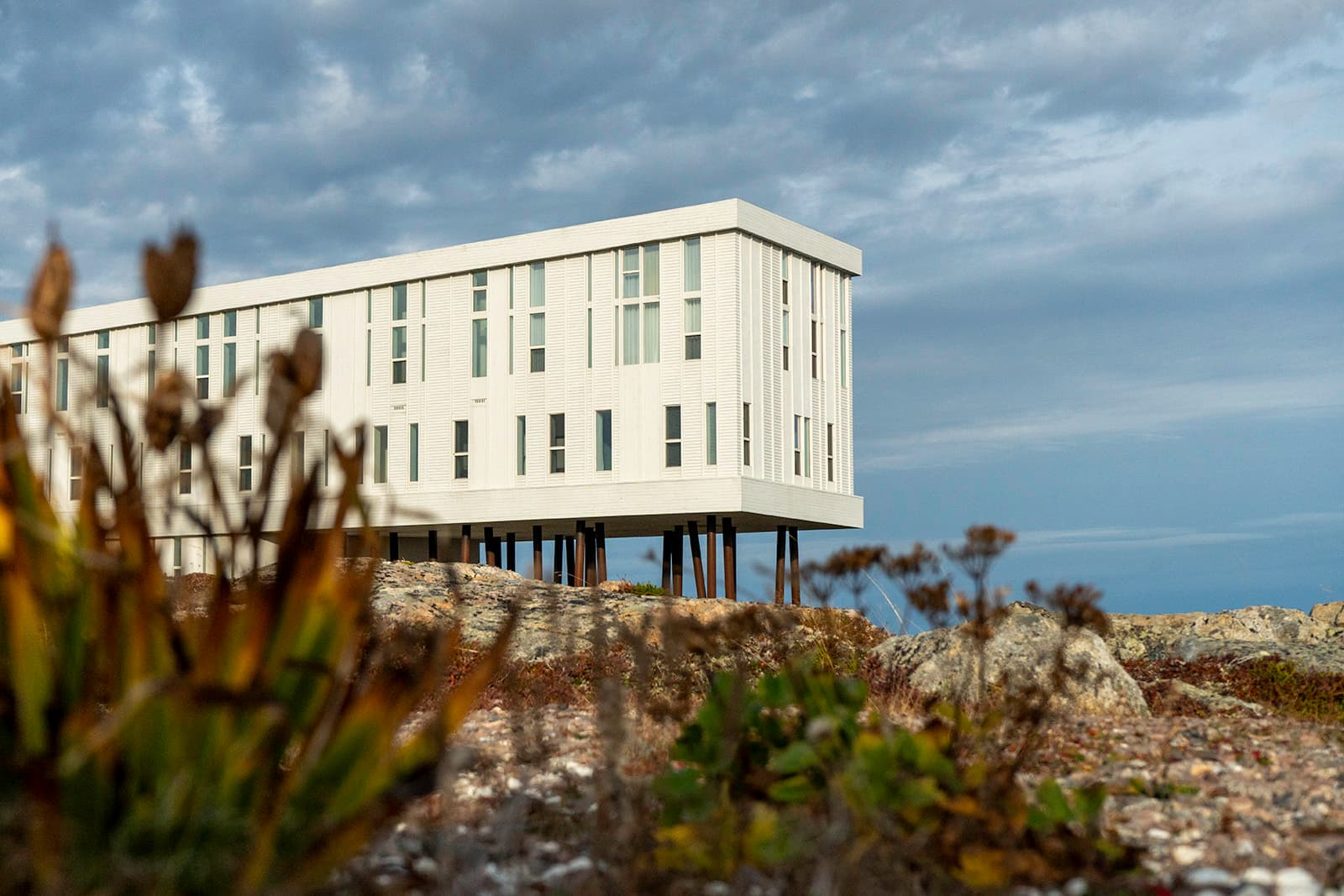 Fogo Island Inn standing on the rocky coast above the North Atlantic