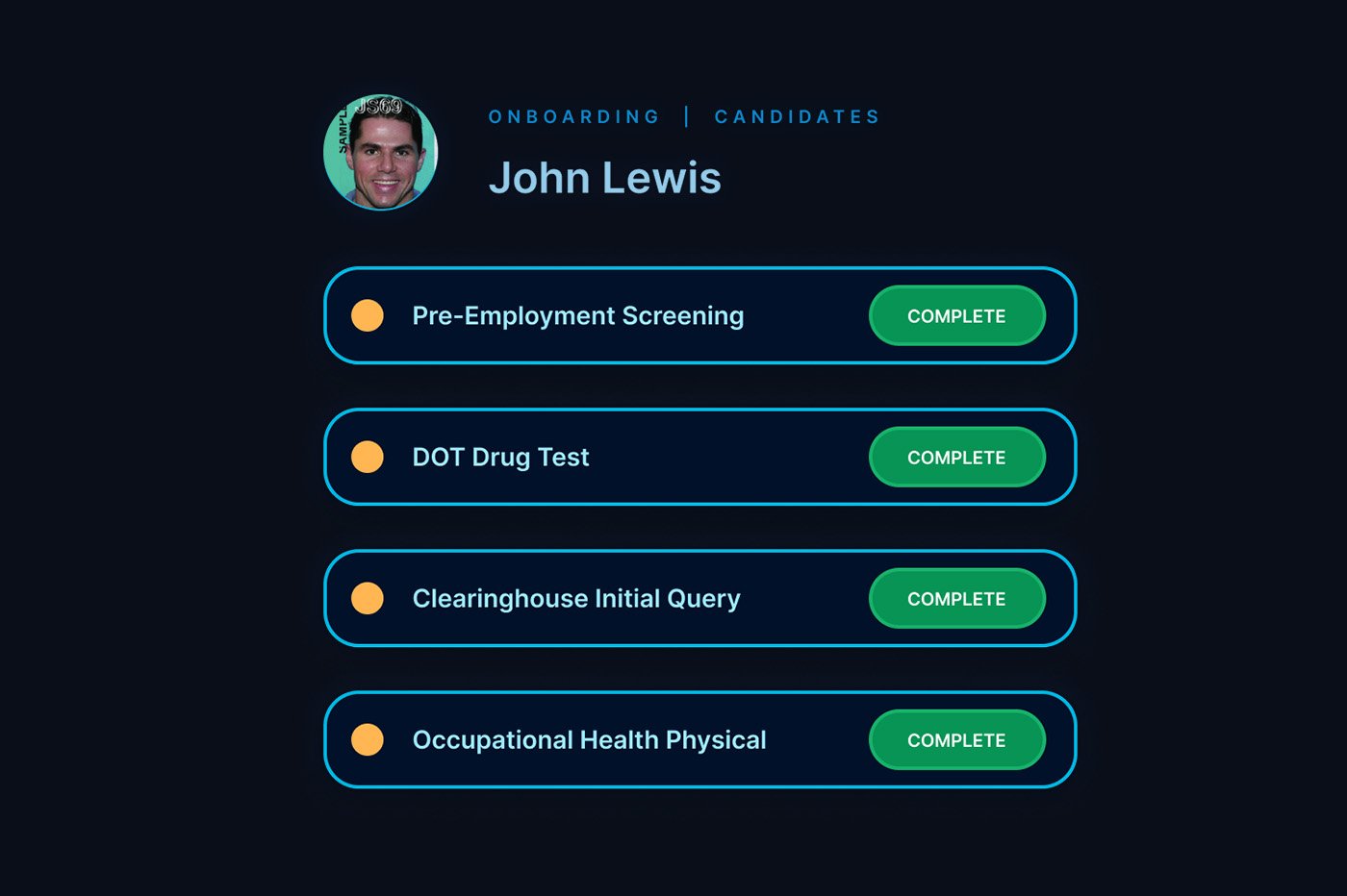 Foley product illustration showing completed screening, drug testing, Clearinghouse, and physical examination steps