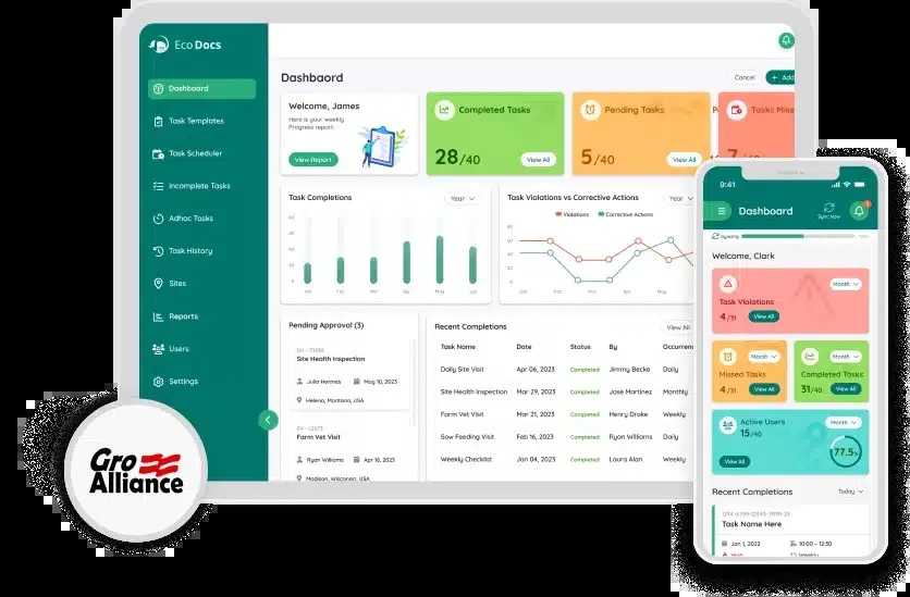 Folio3’s Gro Alliance crop-management application shown across desktop and mobile screens