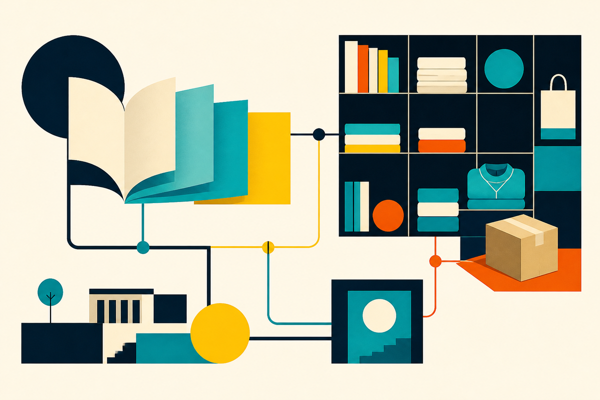 Abstract Swiss-style illustration connecting books, a campus, digital access, merchandise shelves and a delivery parcel