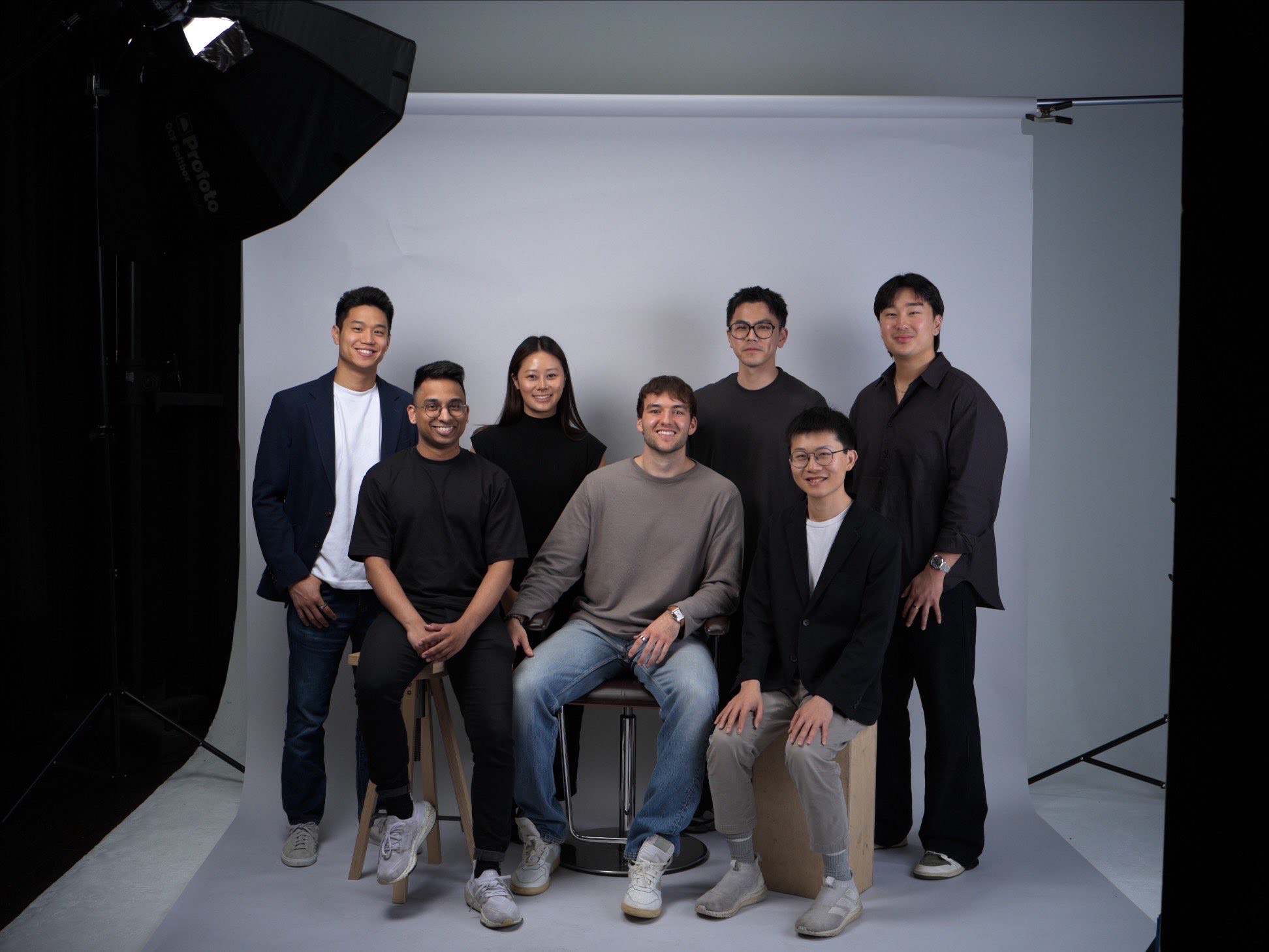Seven members of the fomo team gathered for a studio portrait