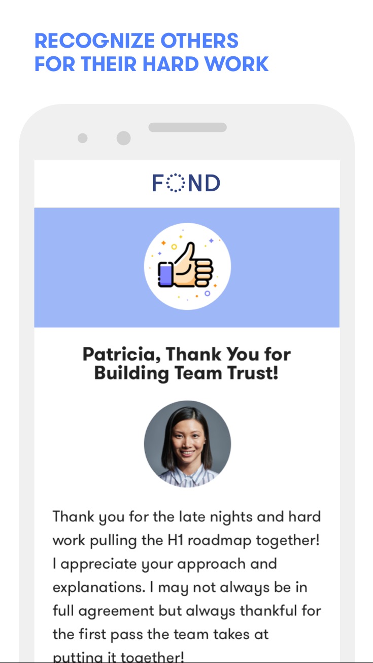 Fond app promotional screenshot showing a specific message of appreciation for teamwork