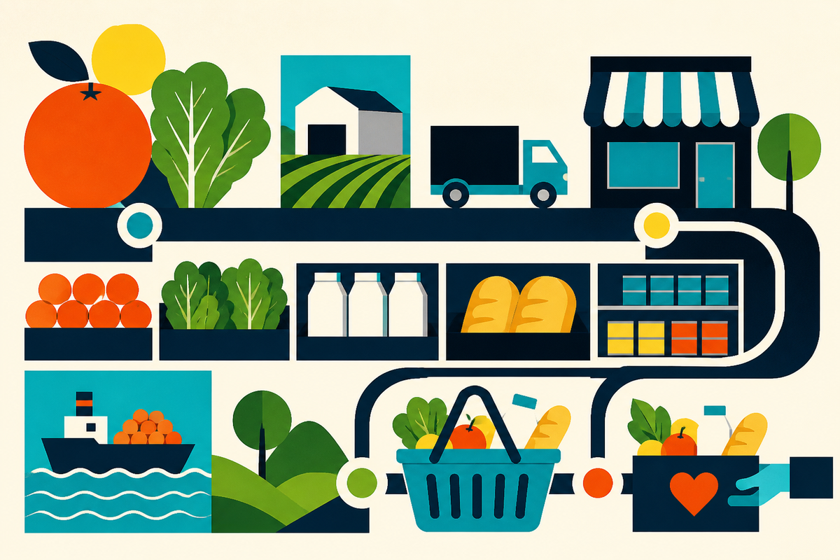 Abstract Swiss-style illustration connecting farms, grocery shelves, a shopping basket, a neighborhood store, and food donation