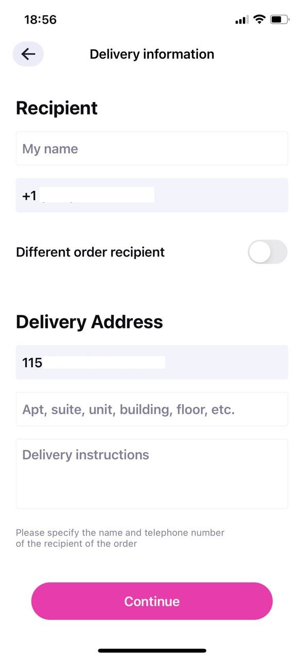 Food Rocket mobile app delivery information screen