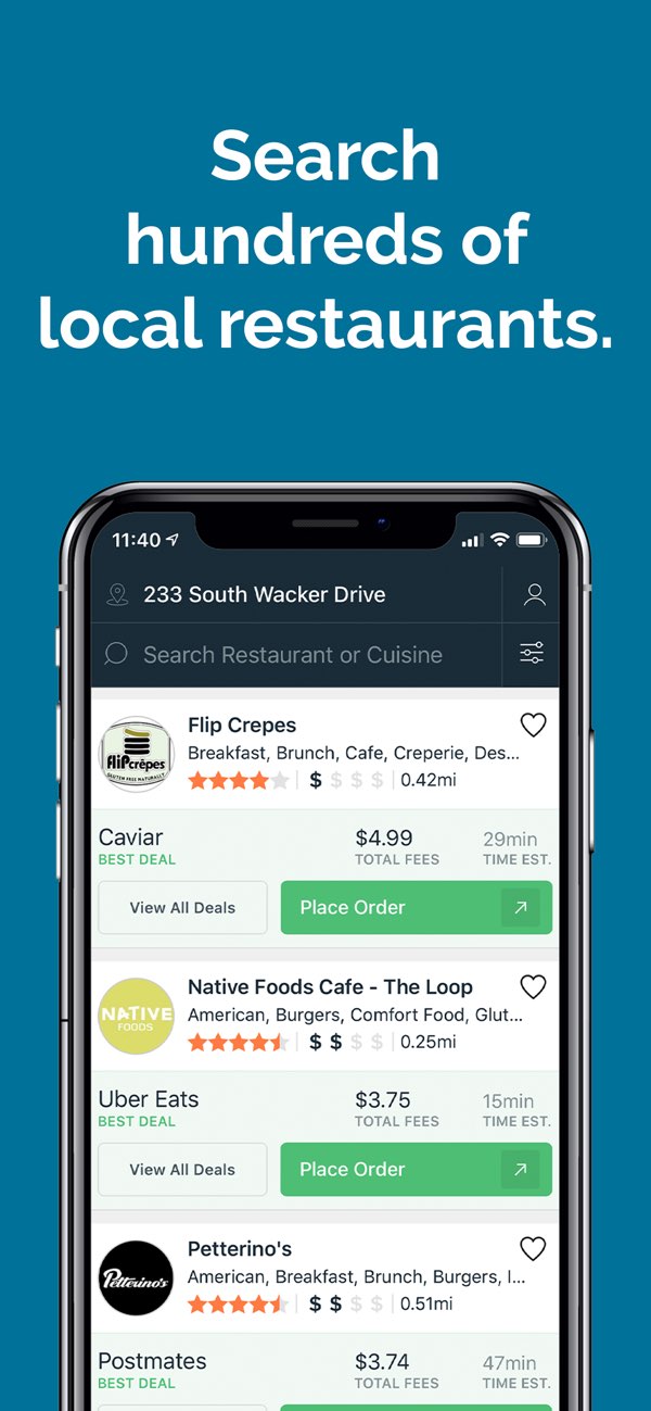 FoodBoss mobile app showing nearby Chicago restaurants with delivery fees and estimated times