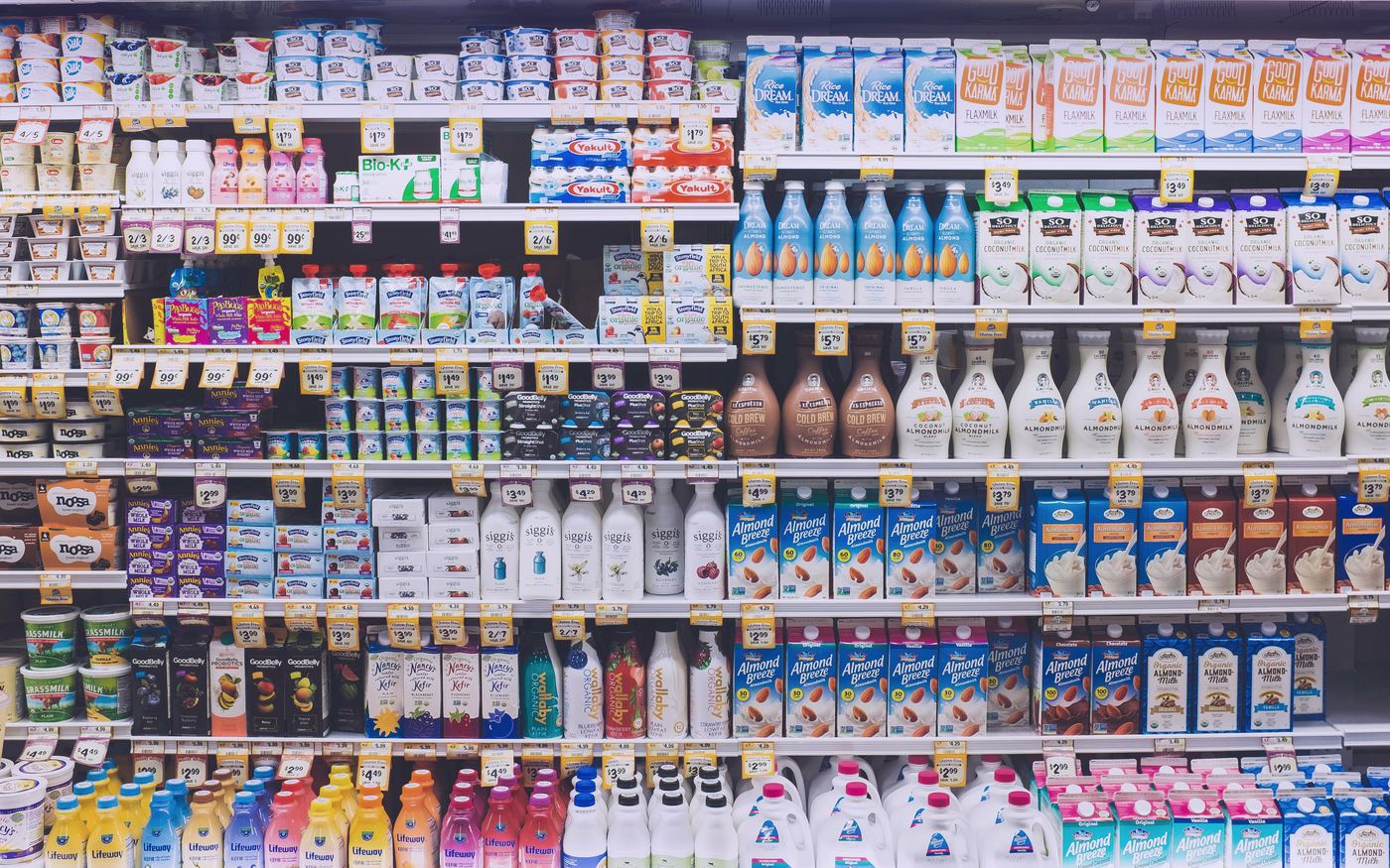 A grocery shelf filled with packaged food products