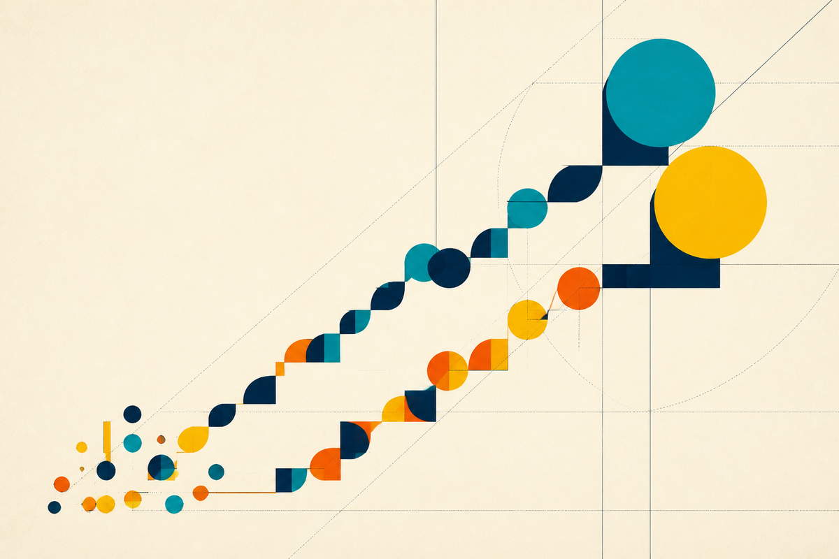 Abstract Swiss-style pathways moving from small geometric forms toward larger forms