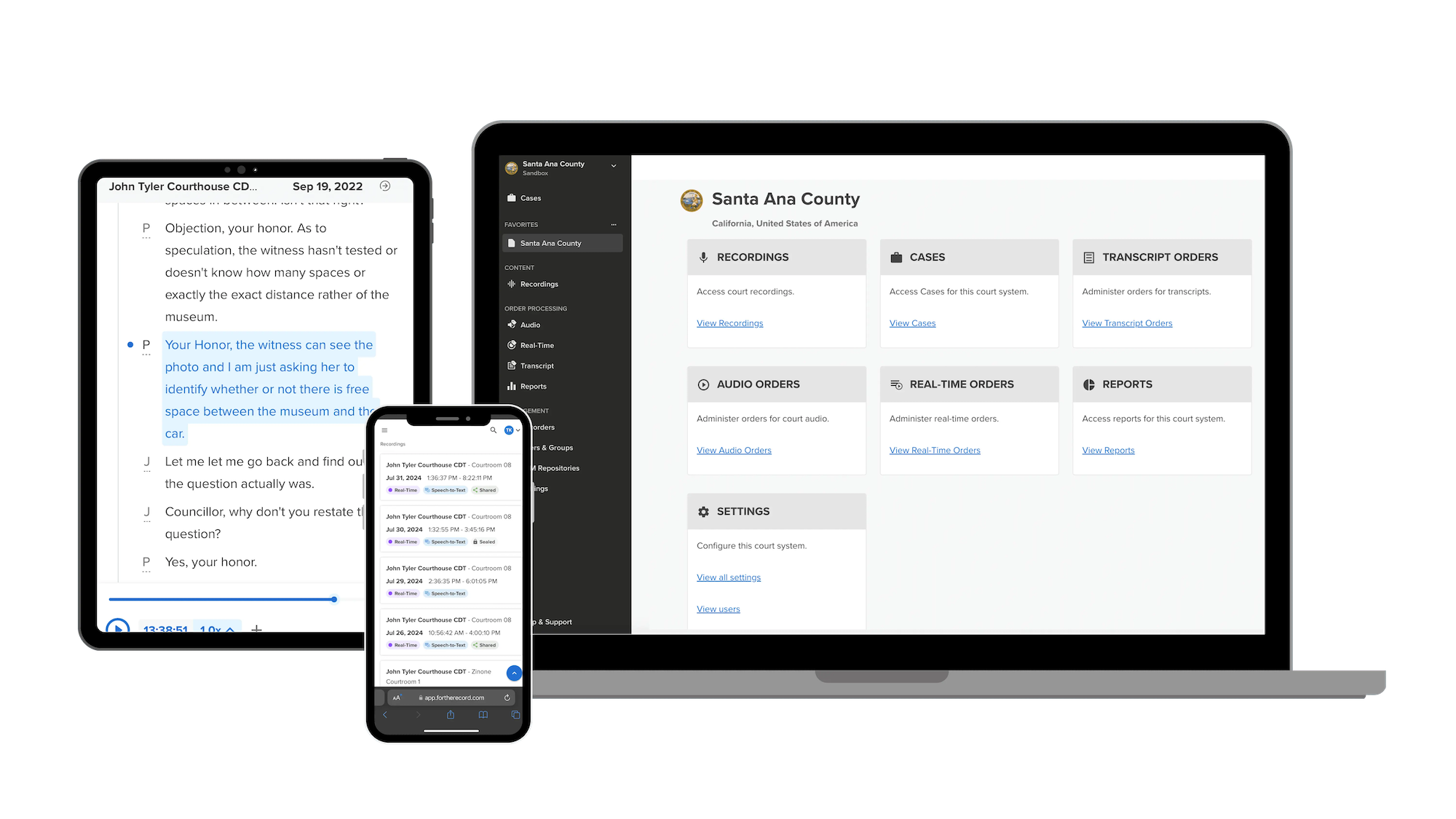 FTR Justice Cloud product interface displayed in a company-published device mockup