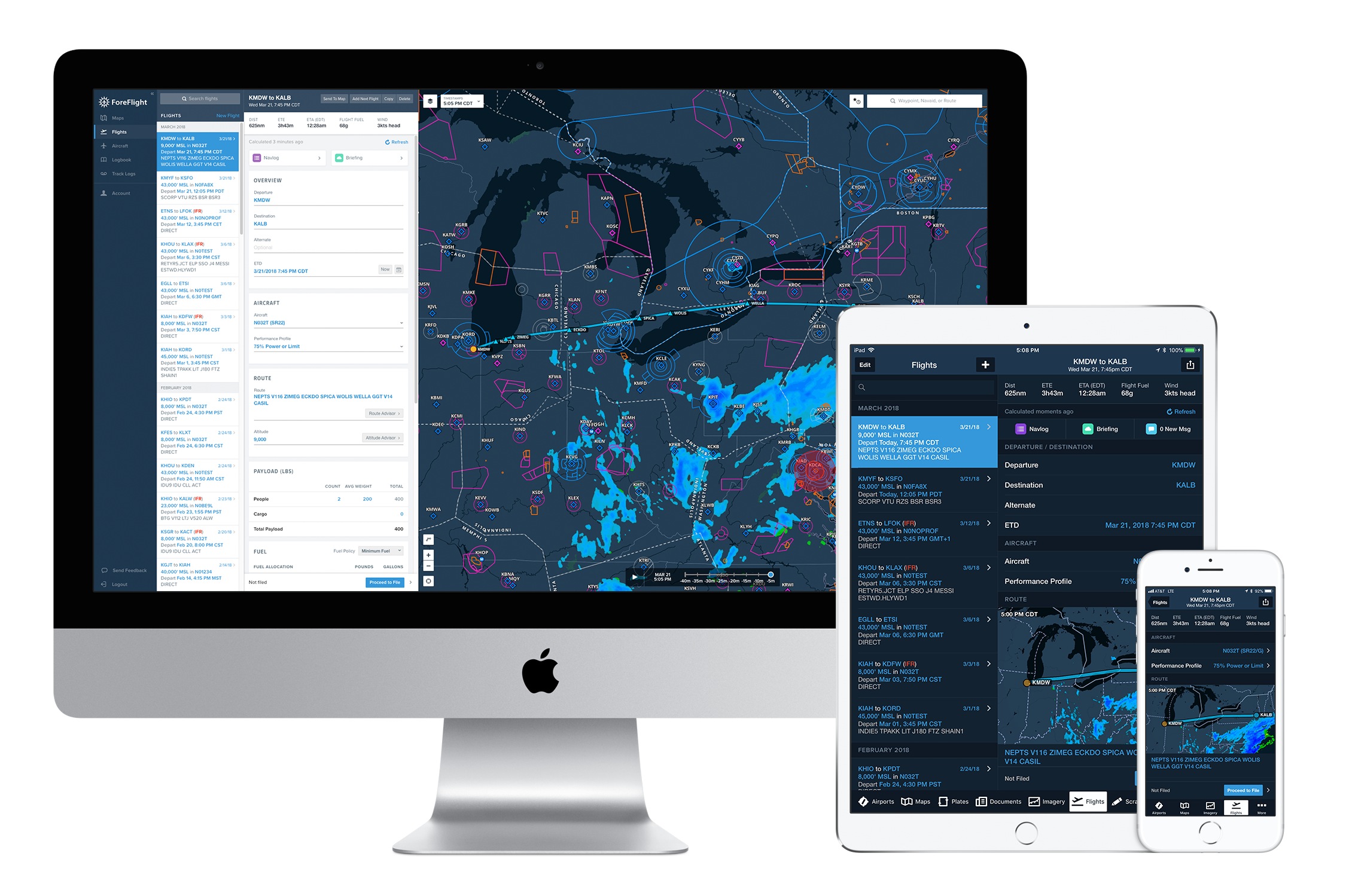 ForeFlight planning software shown on a desktop monitor, iPad and iPhone