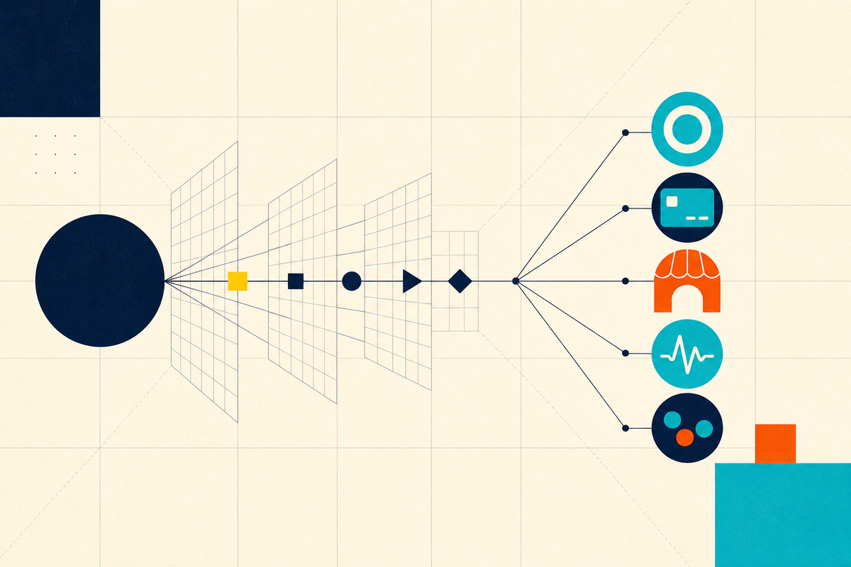 Abstract geometric paths branching from one signal into finance, commerce, health and social categories