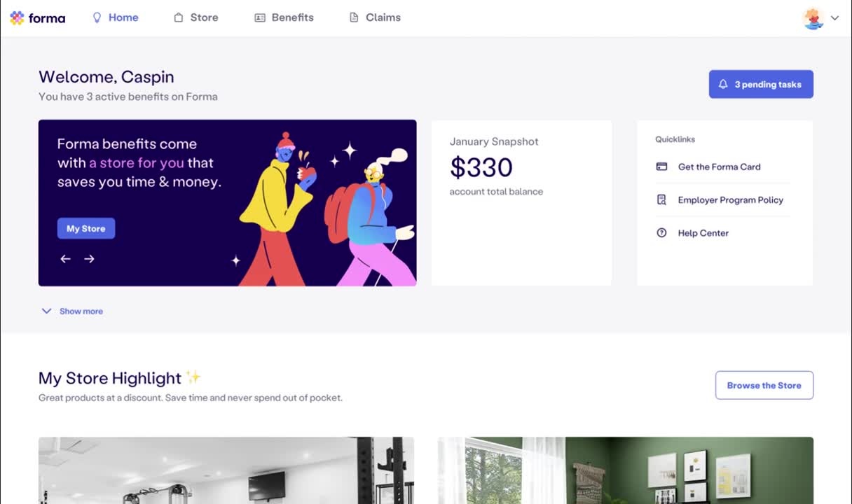 Forma benefits dashboard showing accounts and spending options