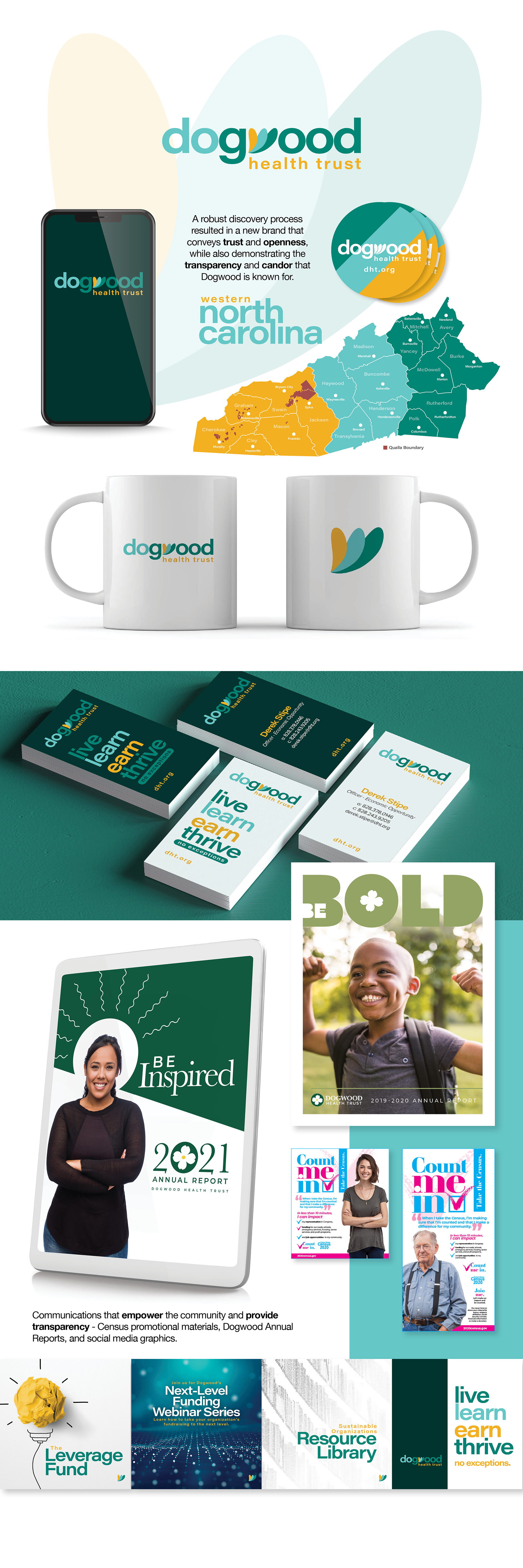 A tall portfolio board showing Formation's brand system and communications work for Dogwood Health Trust