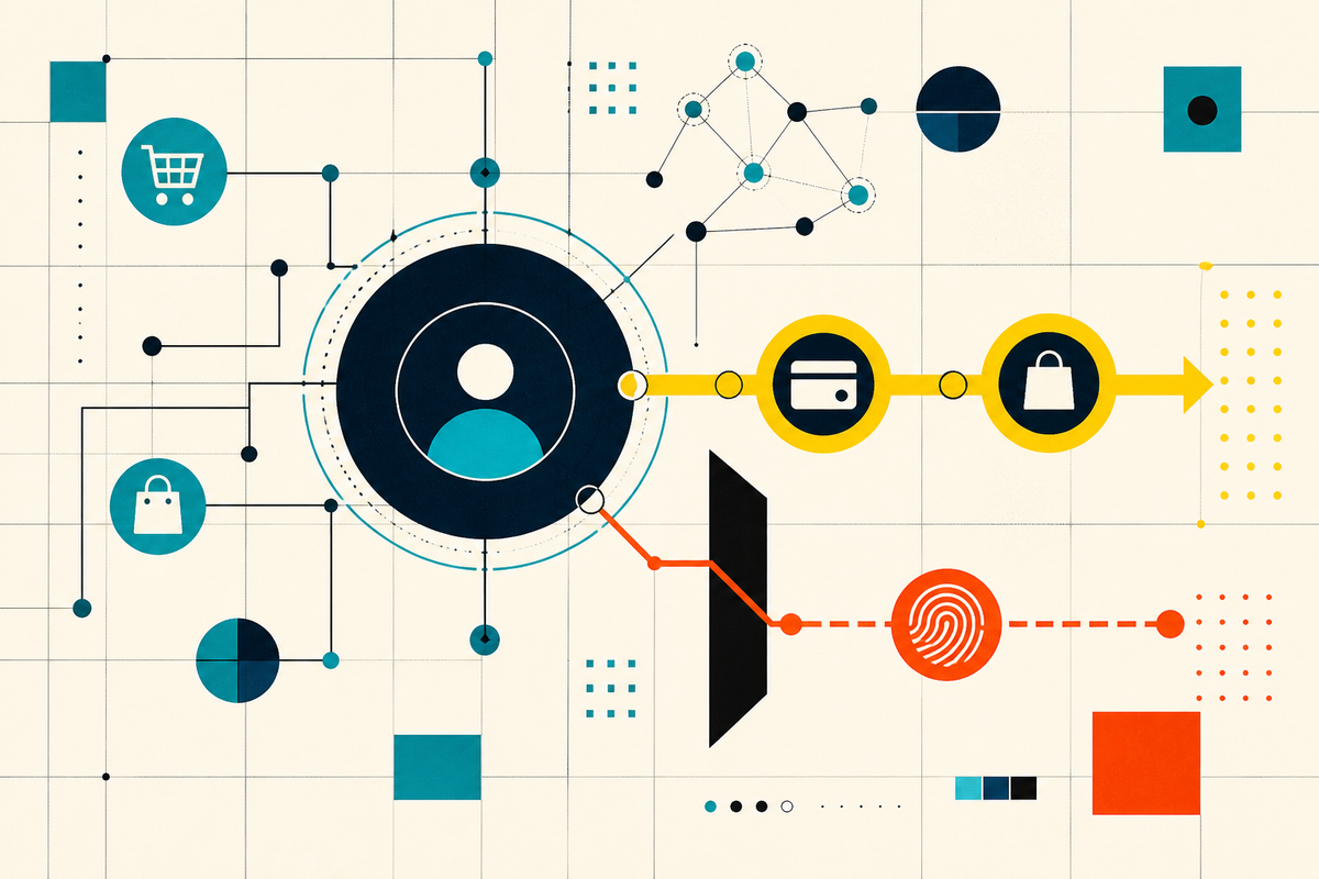 Abstract network illustration showing a trusted commerce path and a suspicious path being diverted