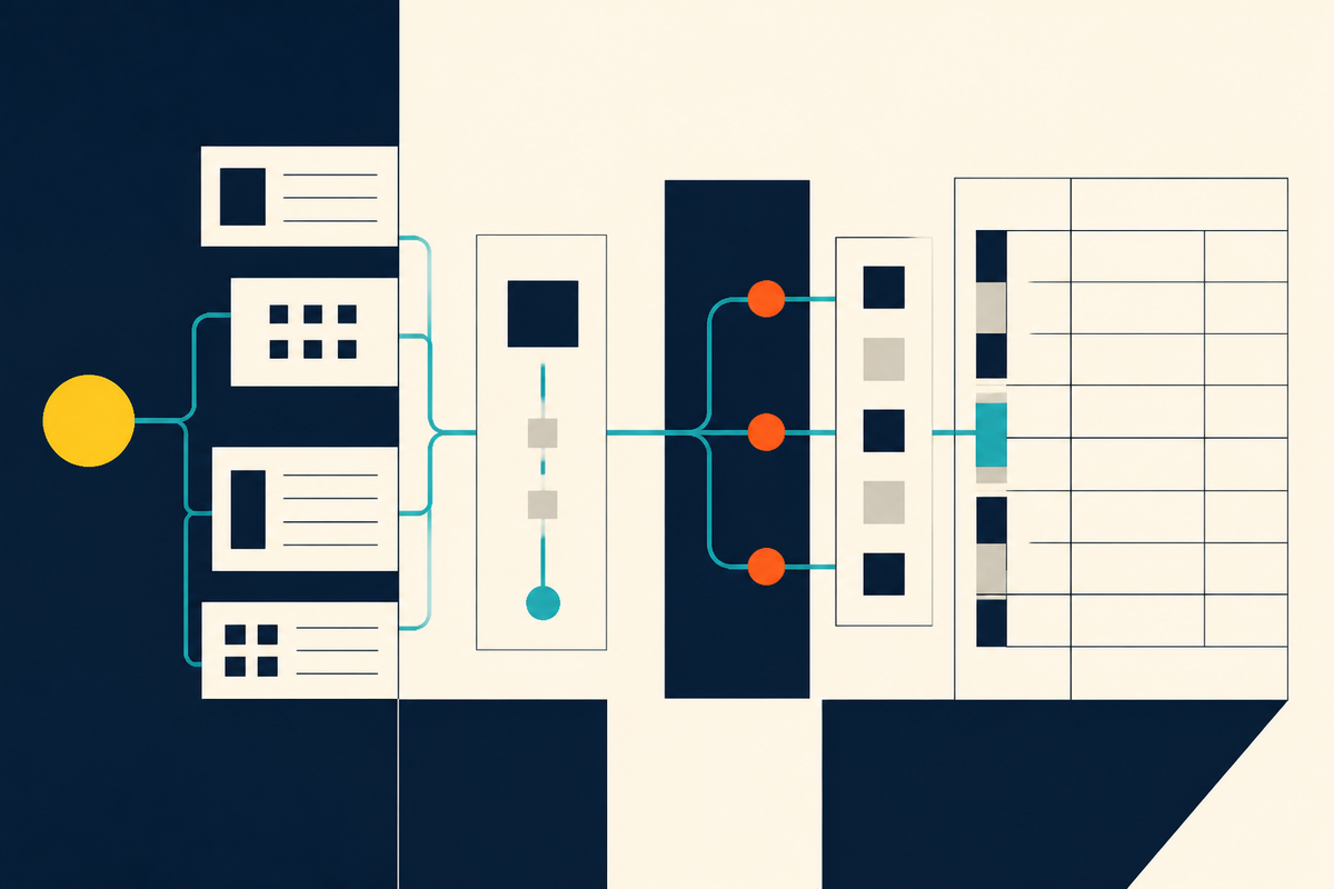 Abstract Swiss-style diagram of payment routes converging into an orderly ledger grid